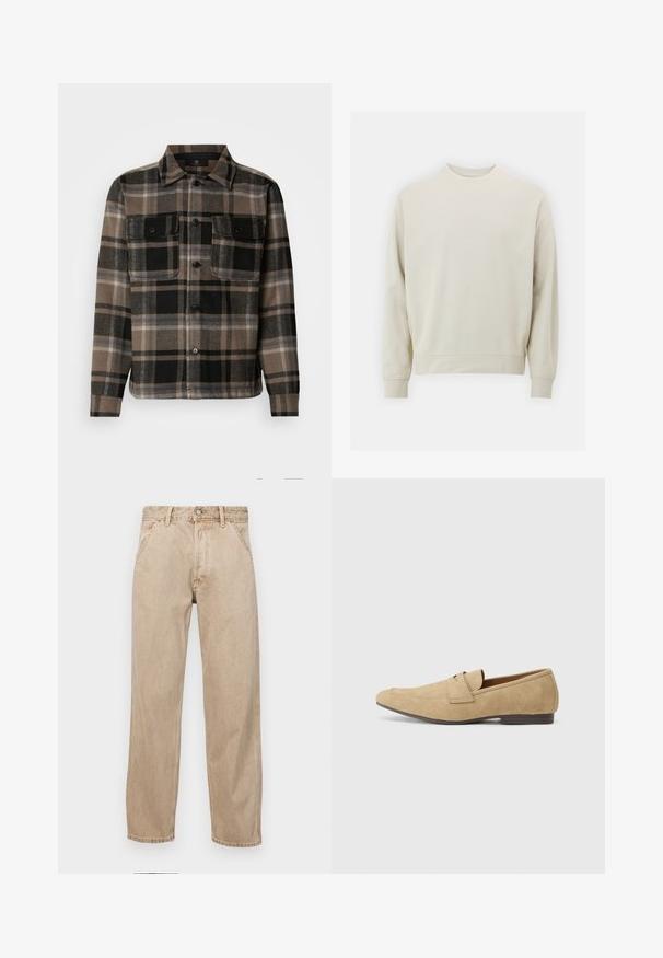 Lichtbeige sweatshirt van zachte stof met een ronde hals, lange mouwen en geribbelde boorden en zoom. Minimalistisch ontwerp, geen zichtbare patronen.; Bruin en zwart geruit overhemd van zacht stof, met een knoopsluiting aan de voorkant, twee borstzakken en een klassiek kraagontwerp.; Beige denim jeans met een recht gesneden ontwerp, voorzien van voorzakken, een metalen knoopsluiting en een subtiele textuur.; Beige suede loafers met een lichte glans, met een ronde neus, instapdesign en een lage bruine hak. Subtiele stiksels.