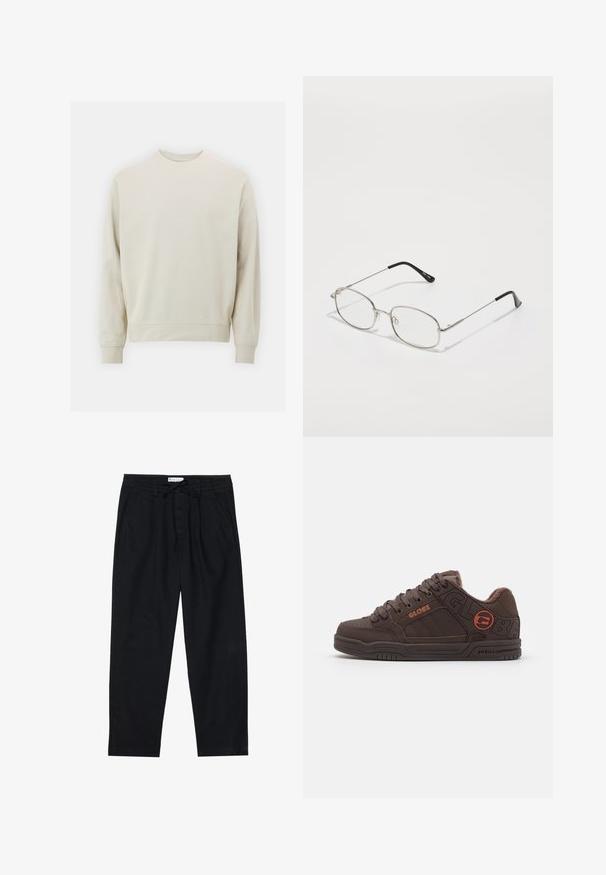 Világos bézs színű pulóver, puha anyagból, kerek nyakkivágással, hosszú ujjal, bordás mandzsettával és aljjal. Minimalista dizájn, nem látható minták.; Pier One Vászonnadrágok - black; Barna gördeszkás cipők párnázott gallérral, texturált bőr felsőrésszel és dombornyomott logóval. Vastag fűzőkkel és barázdákkal ellátott gumitalppal rendelkezik.; Fém szemüveg, ovális kerettel, ezüst keretekkel és tiszta lencsékkel. Hosszú, egyenes szárak fekete végzettel, minimális dizájn.