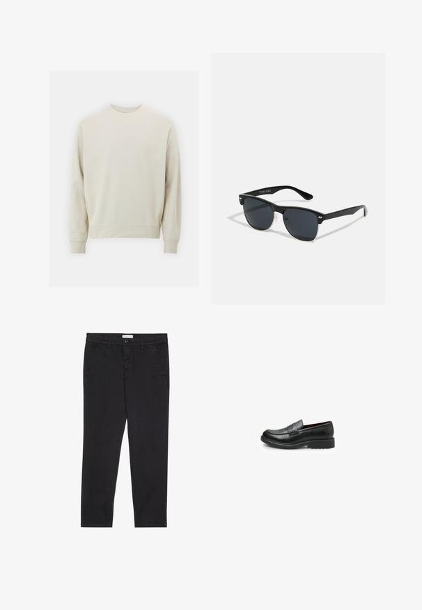 Lichtbeige sweatshirt van zachte stof met een ronde hals, lange mouwen en geribbelde boorden en zoom. Minimalistisch ontwerp, geen zichtbare patronen.; Zwarte katoenen broeken met een slim fit, voorzien van twee zijzakken en een sluiting met een voorknop. Geweven stof met subtiele.details.; Bata Instappers - nero; Zwarte zonnebril met een rechthoekige vorm, donkere lenzen, zilveren accenten bij de slapen en een matte afwerking op het montuur.; Witte parelketting met een uniforme ronde vorm, gladde oppervlakte en een metalen sluiting met een uitbreidingsketting voor verstelbare lengte.