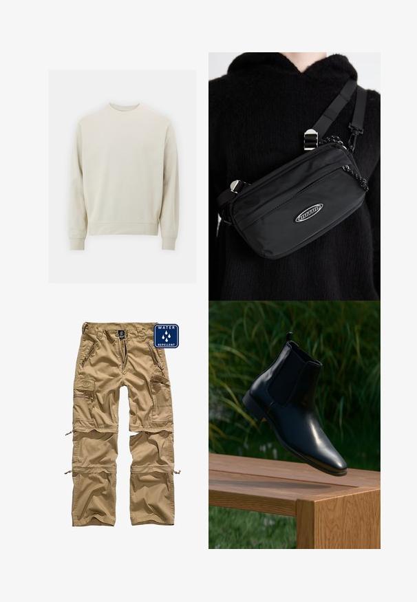 Lichtbeige sweatshirt van zachte stof met een ronde hals, lange mouwen en geribbelde boorden en zoom. Minimalistisch ontwerp, geen zichtbare patronen.; Khaki cargobroek gemaakt van waterafstotende stof. Voorzien van meerdere met rits afsluitbare zakken en afneembare onderbenen voor veelzijdigheid.; Zwarte leren Chelsea-boot zwevend boven een houten bank met gras en planten op de achtergrond.; Zwarte nylon crossbody tas met een verstelbare schouderriem, met een gladde textuur, een voorzak met rits en een logo-accent.
