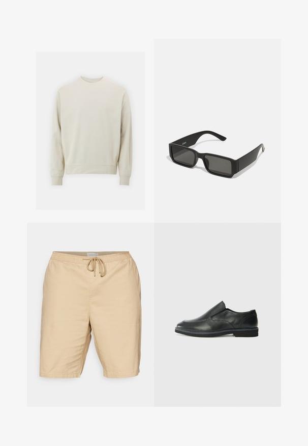 Lys beige sweatshirt laget av myk stoff med rund hals, lange ermer og ribbestrikkede mansjetter og hem. Minimalistisk design, ingen synlige mønstre.; Lys beige shorts laget av stoff med en glatt tekstur, med elastisk midje og snor, samt sidelommer.; Sorte skinn slip-on sko med en jevn overflate, stikking detaljer, rund tå og en lav gummihæl. Sålen har minimal mønstring.; Svarte solbriller med rektangulære linser, matte plastikkramme og rette kanter. Har merkevarelogo på innsiden av armen.