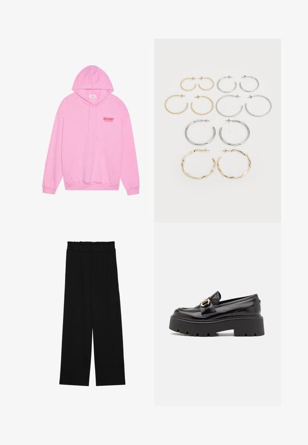 Pink hoodie made of soft fabric featuring a front pocket, drawstring hood, and the word "DELIGHT" printed in red on the chest.; Black wide-leg trousers with a ruffled waistband, featuring two side pockets and a smooth, lightweight fabric. No visible patterns or hardware.; Steve Madden OCCUPY - Slip-ons - black; Set of twelve hoop earrings in silver and gold tones. Includes twisted, smooth, and textured designs with various sizes and finishes.