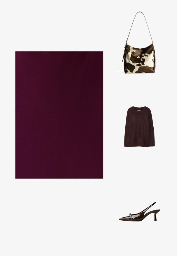 Bordeaux uldtrøje med rund hals, loose fit, lange ærmer og en blød tekstur. Ingen mønstre eller udsmykninger.; TUSSAH MAVIS - Maxikjoler - plum; Brun patentlæder slingback sko med spids tå, lav hæl og en dekorativ sløjfe foran. Glat, skinnende tekstur.; Brun og creme farvet koe læder skuldertaske med en glat læderrem, lynlås lukning og en blød, tekstureret overflade med et naturligt mønster.
