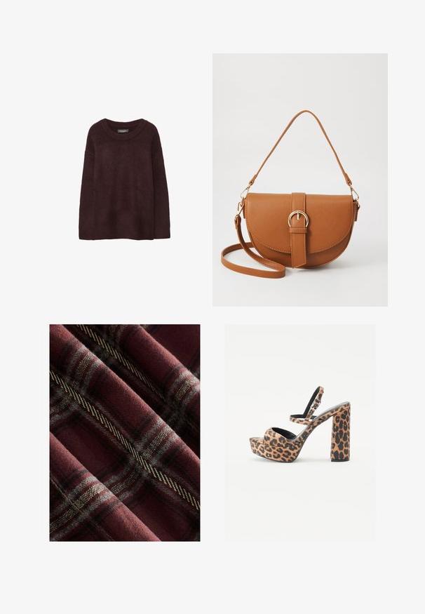 Burgundska vuna pulover s okruglim izrezom, slobodnog kroja, dugim rukavima i mekanom teksturom. Bez uzoraka ili ukrasa.; Karirani materijal u tamnocrvenoj i sivoj boji, koji prikazuje mekanu teksturu s izraženim crnim i kremasto bijelim linijama i tkanim uzorkom kroz cijelu površinu.; Sandale na visokom potpetici sa printom leoparda, debljim blok-potpeticom, platformom sprijeda i podesivim remenom oko gležnja. Izrađene od teksturiranog umjetnog zamsha.; Smeđa kožna torba preko tijela s zakrivljenim oblikom, zlatnim metalnim detaljima i naglaskom na kopču. Ima odvojivu naramenicu.