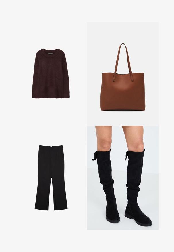 Burgundska vuna pulover s okruglim izrezom, slobodnog kroja, dugim rukavima i mekanom teksturom. Bez uzoraka ili ukrasa.; Crne hlače ravnog kroja, s prednjim džepovima i bočnim prorezima na rubu. Izrađene od mekog i glatkog materijala. Pogodne za razne prigode.; Crne zamšaste čizme do koljena s mekanim materijalom, ležernim dizajnom, zaobljenim vrhom, ravnim potplatom i bočnim zatvaračem za lako oblačenje.; Smeđa kožna torba preko ramena s glatkom teksturom, otvorenim vrhom i dvjema naramenicama. Ima minimalne šavove i nema vidljivog hardvera.