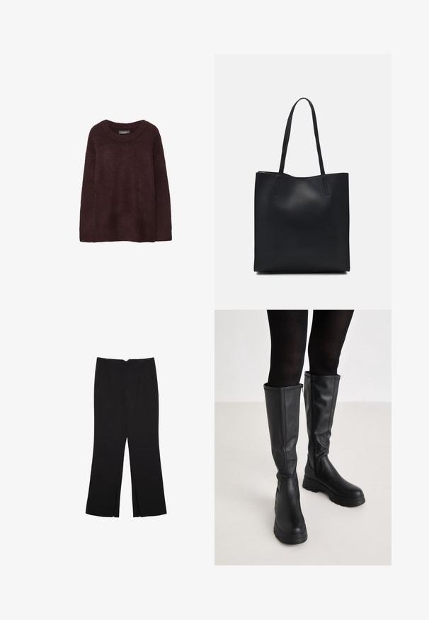Burgundy villapusero pyöreällä kaula-aukolla, väljä malli, pitkät hihat ja pehmeä rakenne. Ei kuvioita tai koristeita.; Mustat housut suoralinjaisella leikkauksella, joissa on etutaskut ja sivurei'ät helman alla. Valmistettu pehmeästä ja sileästä kankaasta. Sopii eri tilaisuuksiin.; Even&Odd Platform-saappaat - black; Mustapahkainen kangaskassi, jossa on sileä pinta, suorakaiteen muotoinen ja kaksi pitkää kahvaa. Ei näkyvää metalliosaa tai koristeita.