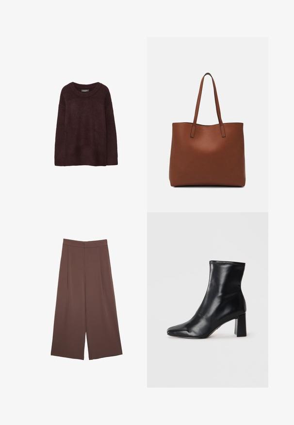 Bordo vlnený sveter s okrúhlym výstrihom, vo voľnom strihu, dlhými rukávmi a jemnou textúrou. Bez vzorov alebo ozdôb.; Hnedé nohavice so širokými nohavicami a hladkou textúrou, s vysokým pásom a prednými skladmi. Tkanina je ľahká a voľne sa pohybuje.; Čierne kožené členkové topánky s špicatou špičkou a štruktúrovaným blokovým podpätkom. Hladká textúra s elegantným, minimalistickým dizajnom.; Hnedá kožená taška na rameno s hladkou textúrou, otvoreným vrchom a dvoma ramenými popruhmi. Má minimálne šitia a žiadne viditeľné kovania.