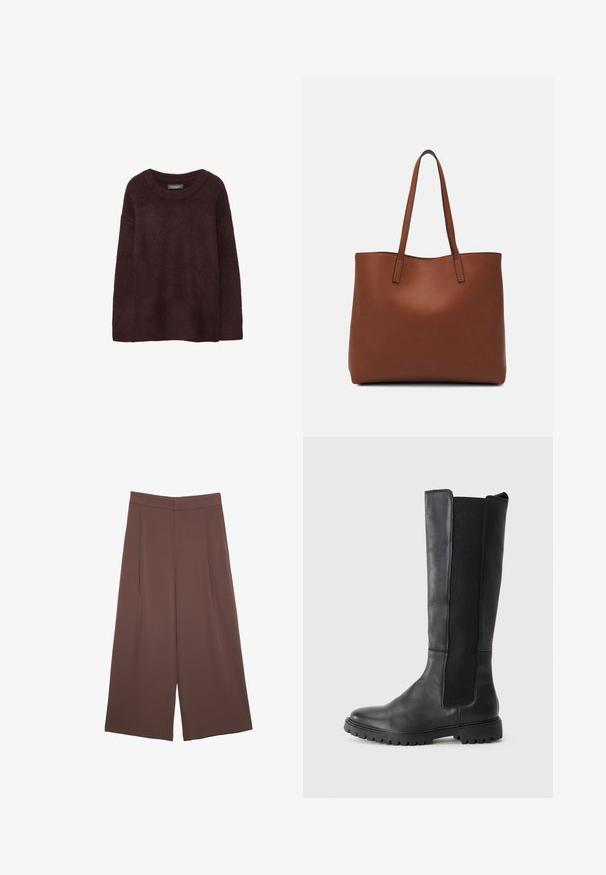 Burgundy villapusero pyöreällä kaula-aukolla, väljä malli, pitkät hihat ja pehmeä rakenne. Ei kuvioita tai koristeita.; Ruskeat leveälahkeiset housut, joissa on sileä pinta, korkea vyötärö ja etupleat. Kangas on kevyttä ja laskeutuu väljänä.; Korkeat mustat nahkasaappaat, joissa on teksturoitu etupuoli, joustavat sivupaneelit ja karheat pohjat, asetettu yksinkertaista valkoista taustaa vasten.; Ruskea nahkainen olkalaukku, jossa on sileä pinta, avoin yläosa ja kaksi olkahihnaa. Omaavat vain minimaalisen ompelun eikä näkyvää metalliosaa.