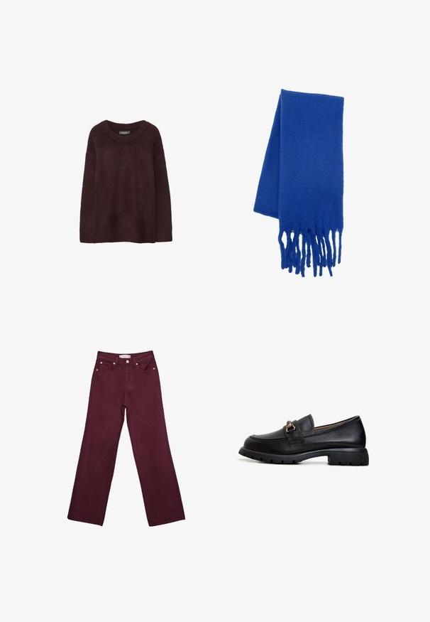 Maglione di lana borgogna con scollo rotondo, vestibilità ampia, maniche lunghe e una texture morbida. Nessun motivo o decorazione.; Jeans bordeaux a vita alta con design a gamba dritta, dotati di tasche frontali, chiusura con bottone e rifiniture in tono rame.; Mocassino in pelle nera con punta arrotondata, decorazioni in oro e una suola in gomma resistente con un motivo di grip texturizzato.; Sciarpa in lana blu con una texture morbida, caratterizzata da estremità frangiate. Il design è classico e rettangolare, che enfatizza il suo colore vivace.; Borsa a tracolla nera in pelle con una forma curva, manico rimovibile e accessori dorati. La borsa presenta una patta con un dettaglio a fibbia.