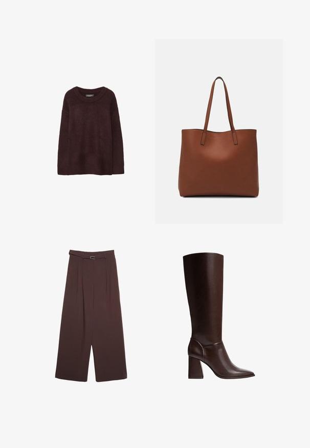 Maglione di lana borgogna con scollo rotondo, vestibilità ampia, maniche lunghe e una texture morbida. Nessun motivo o decorazione.; Stradivarius WIDE-LEG WITH BUCKLE DETAIL - Pantaloni - dark brown; Stivale marrone in pelle fino al ginocchio con punta affusolata e tacco a blocco, caratterizzato da una superficie liscia e un design elegante. Cuciture accentuate alla caviglia.; Borsa tote in pelle marrone con texture liscia, design con apertura superiore e due spallacci. Presenta cuciture minime e nessun hardware visibile.