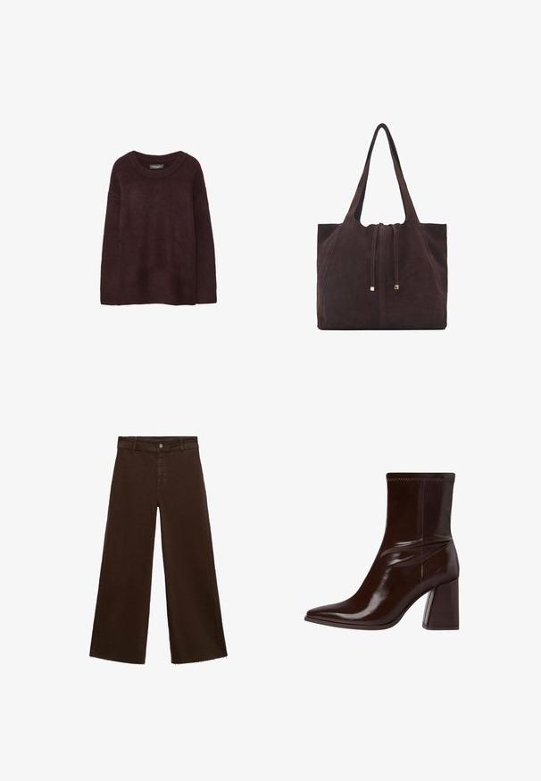 Bordo vlnený sveter s okrúhlym výstrihom, vo voľnom strihu, dlhými rukávmi a jemnou textúrou. Bez vzorov alebo ozdôb.; Hnedé široké nohavice z bavlnenej zmesi, s roztrhnutým lemom, predným zapínaním na gombík a klasickým dizajnom s piatimi vreckami. Minimalistické a všestranné.; Hnedé lakované členkové čižmy s špicatou špičkou, elastickým členkom a mohutným blokovým podpätkom. Elegantný dizajn s hladkým povrchom.; Mango Veľká kabelka - dark brown