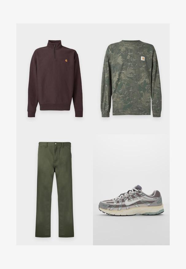 Mørkebrun sweatshirt med lynlåshals i blødt stof og lange ærmer. Har et lille gult og rødt logo på brystet. Elastiske manchetter og kant.; Langærmet camouflage skjorte i grønne og brune nuancer med et lille firkantet Carhartt-logo på venstre bryst.; Olivengrønne bukser af holdbart stof med et design i lige ben, forlommer og knaplukning. Glat tekstur.; Grå sportssko med overdel i mesh og ruskind, hvide accenter, en polstret sål og et særpræget design med reflekterende elementer.
