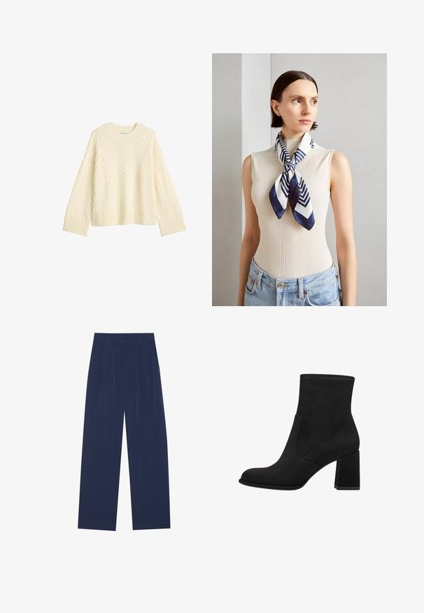Kremfarget strikket genser med en teksturert fiskebensmønster, rund halslinning og ribbestrikkede mansjetter og kant.; Marineblå bukser med vide ben laget av mykt stoff, med frontfolder, en glatt tekstur og en rett passform uten synlige lommer.; Sorte ankelstøvler med blokkhæler, laget av myk semsket skinn. Har en rund tå og glatte sideskapsler med søm-detaljer.; Silkesjal i marineblått og hvitt med et geometrisk sikksakkmønster. Glatt tekstur, pent bundet rundt halsen, som komplementerer en ribbestrikket topp.