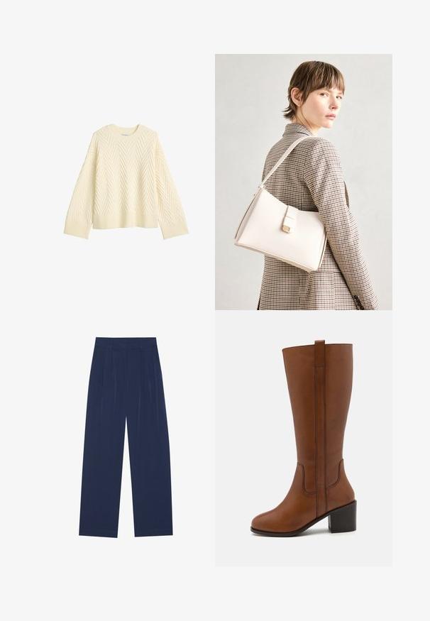 Maglione lavorato a maglia di colore crema con un motivo herringbone testurizzato, scollatura rotonda e polsini e orlo a coste. Vestibilità ampia con spalle abbassate.; Pantaloni a gamba larga blu navy realizzati in tessuto morbido, dotati di pieghe frontali, una texture liscia e una vestibilità dritta senza tasche visibili.; Stivale marrone in pelle fino al ginocchio con punta arrotondata, cuciture laterali e tacco a blocco. Caratterizzato da un pratico linguetta sul retro per facilitare la calzata.; Borsa a mano in pelle bianca con un design strutturato, presente di un clasp magnetico e una tracolla, esposta su uno sfondo neutro.