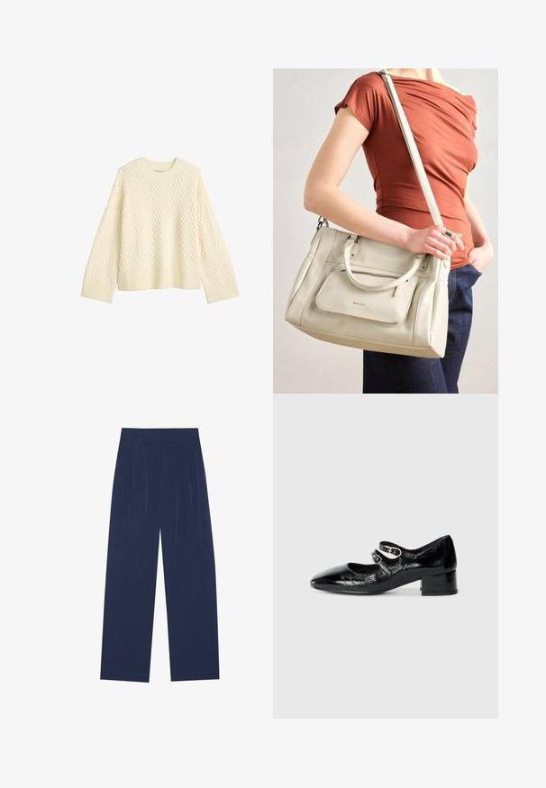 Kremfarget strikket genser med en teksturert fiskebensmønster, rund halslinning og ribbestrikkede mansjetter og kant.; Marineblå bukser med vide ben laget av mykt stoff, med frontfolder, en glatt tekstur og en rett passform uten synlige lommer.; Sorte patentlær Mary Jane-sko med spiss tå, to justerbare reimer med sirkulært beslag og en lav blokkheel.; Hvit skinnveske med doble håndtak og avtagbar stroppe, med en frontlomme med glidelås og glatt tekstur. Bært på en persons arm.