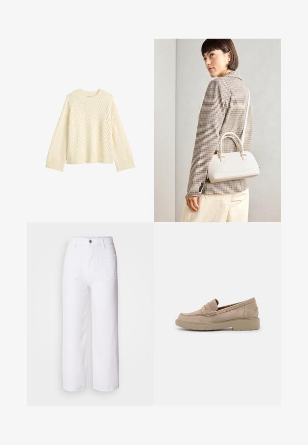 Kremo spalvos megztinis su tekstūruota žuvytės raštu, apvaliu iškirpimu ir šiurkščiais rankovių bei apatinio krašto kraštais. Dėvimas laisvai, su nusileidusiomis pečių siūlėmis.; Balties džinsai su plačiomis kojomis, su mygtuko uždarymu, diržo kilpomis, dviem priekiniams kišenėms ir viena nugarine kišene. Patvari ir tekstūruota medžiaga.; Šviesiai rudos zomšos loaferiai su apvaliu pirštu, dekoratyviniu siuvinėjimu ir žemu, storo guminio pado, užtikrinančio komfortą ir stabilumą.; Balta struktūruota rankinė su trumpomis rankenomis ir peties diržu, su auksinėmis detalėmis ir tekstūruota medžiaga, pastatyta prieš pilką foną.