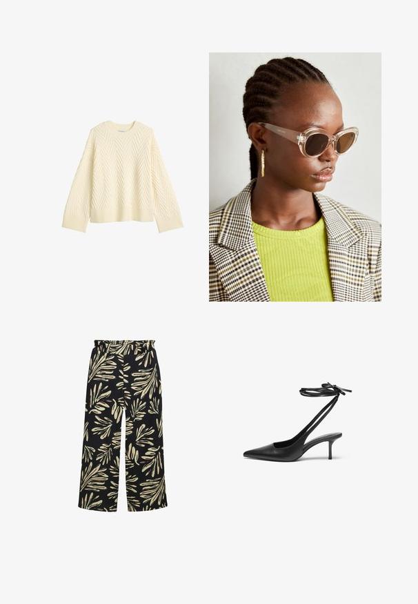 Jersey de punto color crema con un patrón de espiga texturizado, cuello redondo y puños y dobladillo acanalados. Corte amplio con hombros caídos.; Pantalones de pierna ancha con cintura elástica, con un fondo negro y un diseño de hojas en color crema y verde menta. Tejido texturizado.; Zapato de charol negro con tacón de aguja y punta afilada, con la parte trasera abierta y correas en los tobillos atadas en forma de lazo. Tacón delgado de 3 pulgadas. Textura suave, diseño minimalista.; Gafas de sol estilo cat-eye claras con lentes marrones y montura transparente. Modelo vistiendo una blusa verde de canalé y un blazer a cuadros. Pendientes hoop dorados.; Bolso estructurado blanco con asas cortas y una correa para el hombro, que presenta detalles en dorado y material texturizado, exhibido sobre un fondo gris.
