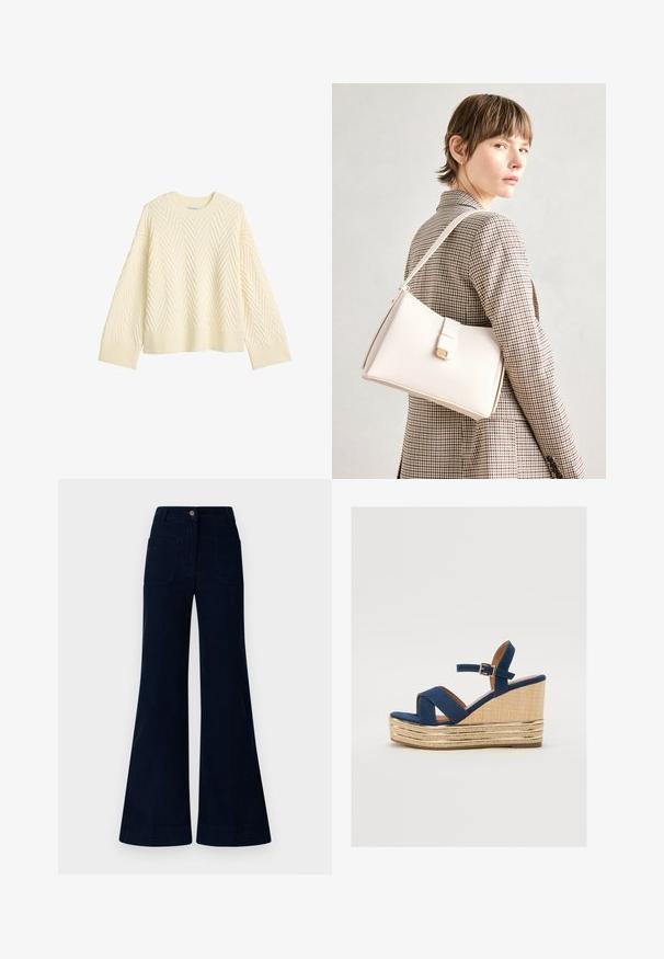 Kremno barvan pleten sveter z zgibanim ribjim kostmi, okroglo ovratnikom in ribanim manšetami ter robom. Širok kroj z spuščeni rameni.; Temno modri zvonasti traperici z srednjim pasom, ki imata dve zadnji žepki in zapenjanje z gumbom. Narejeni so iz gladkega denima.; Navy modri klinasti sandala s prečnimi trakovi, teksturirano naravno vlaknasto platformo in zlatim metalnim dekorativnim delom na dnu.; Bela usnjena torba s strukturirano zasnovo, opremljena z magnetnim zapiranjem in naramnico, prikazana na nevtralni ozadju.