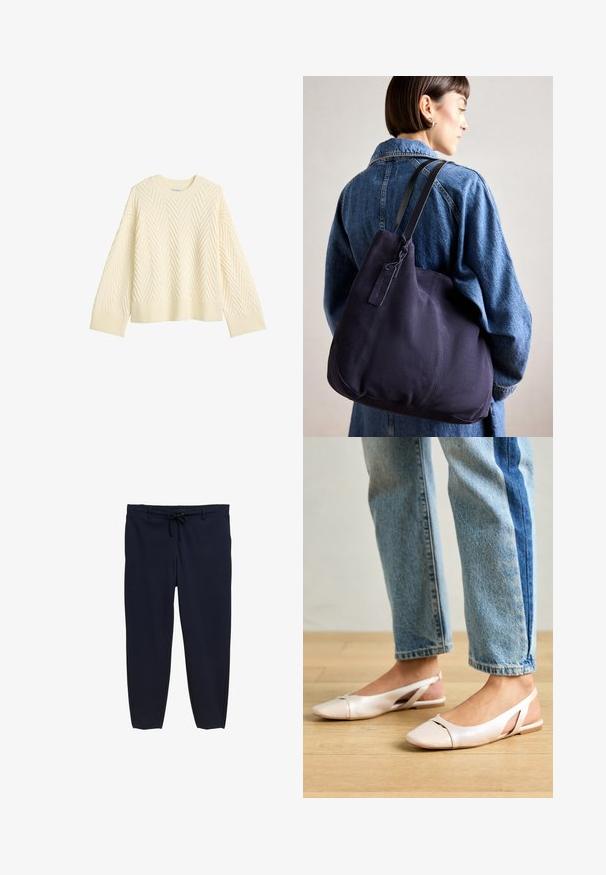 Cremefarvet strikket trøje med et tekstureret hørfisk mønster, rund halsudskæring og ribbede manchetter og kant. Boxy pasform med faldende skuldre.; Mørkeblå bukser med elastisk talje og snor. Materialet er glat, med en tapered benstruktur og uden synlige mønstre.; Lyserøde slingback flade sko med spidse tær, lavet af et glat læderlignende materiale. Har udskæringsdetaljer på siderne og en flad hæl.; Marineblå canvas skuldertaske med en blød, struktureret form, der har en sort rem, syede detaljer og et lille mærke.