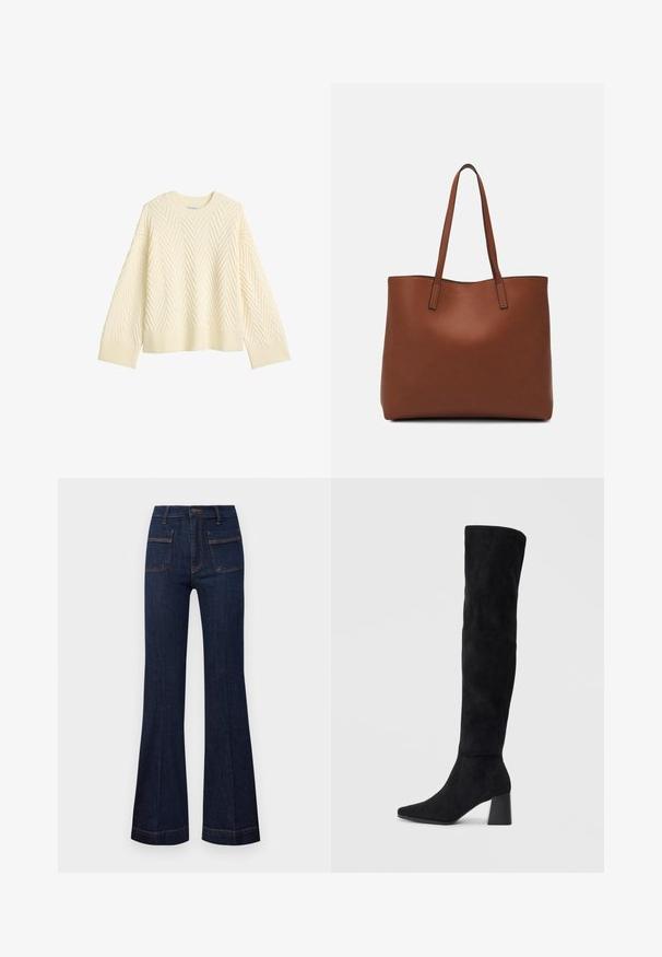 Krämfärgad stickad tröja med ett texturerat fiskbensmönster, rundad halsringning och ribbade muddar och fåll. Boxig passform med neddragna axlar.; Mörk denimbyxor med utsvängda ben som har en skräddarsydd passform, hög midja och kontrasterande orange sömmar. Två fickor fram och bak ingår.; Svarta mocka knähöga stövlar med klack, spetsig tå och slät, sömlös design mot en ljus, enfärgad bakgrund.; Brun läder tote-väska med en slät textur, öppen toppdesign och två axelremmar. Har minimal söm och ingen synlig metalldetalj.
