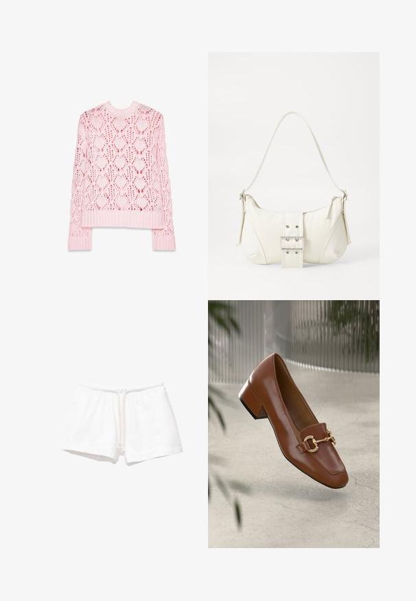 Light pink knitted sweater with an open diamond pattern, ribbed neckline and hem, and long sleeves featuring a loop detail.; White cotton shorts with an elastic waistband and drawstring, featuring a smooth texture and no patterns or additional accents.; Brown patent leather loafer with square toe, metallic chain accent, and low block heel; smooth texture, minimalist design.; White shoulder bag with a textured finish, a central buckle accent, and a curved shape. Zipper closures on both sides.