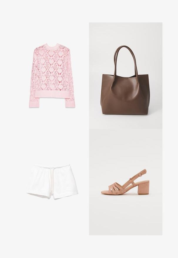 Light pink knitted sweater with an open diamond pattern, ribbed neckline and hem, and long sleeves featuring a loop detail.; White cotton shorts with an elastic waistband and drawstring, featuring a smooth texture and no patterns or additional accents.; Blush pink sandal with a block heel, featuring strappy design, open toe, and adjustable ankle strap with a round buckle accent.; Brown leather tote bag with two long handles, structured shape, smooth texture, and minimalistic design. No visible hardware or accents.