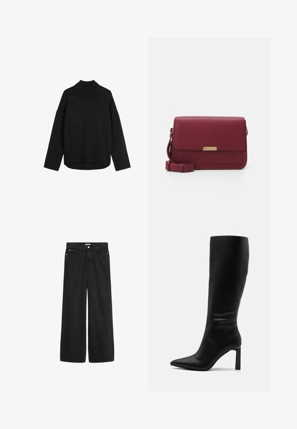 Zwarte gebreide trui met een hoge geribbelde kraag, ontspannen fit, verlaagde schouders en geribbelde zoom. Zachte textuur, minimaal ontwerp.; Zwarte denim jeans met wijde pijpen en een hoge taille. Bevat vijf zakken, metalen beslag en een nette afwerking. De textuur is glad en zacht.; Even&Odd Laarzen - black; Anna Field Schoudertas - bordeaux; Zilverkleurige metalen oorbellen met twee ontwerpen: een gedraaide cirkelvormige hoop en een gladde cirkelvormige stud. Het reflecterende oppervlak versterkt de elegantie.