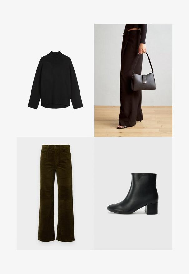 Sort strikket sweater med høj ribkant, afslappet pasform, sænkede skuldre og ribbet kant. Blød tekstur, minimalistisk design.; Fløjel flared bukser i dyb olivengrøn. Har fem lommer, en knaplukning og lodrette ribbede strukturer. Standard pasform med et klassisk design.; Sorte læder ankelstøvler med spids tå og en kraftig hæl. Glat tekstur med minimale detaljer og et slankt, tætsiddende design.; Sort håndtaske med struktureret form, glat overflade og metalspænde. Sammen med brede sorte bukser og sandaler med åben tå på trægulv.