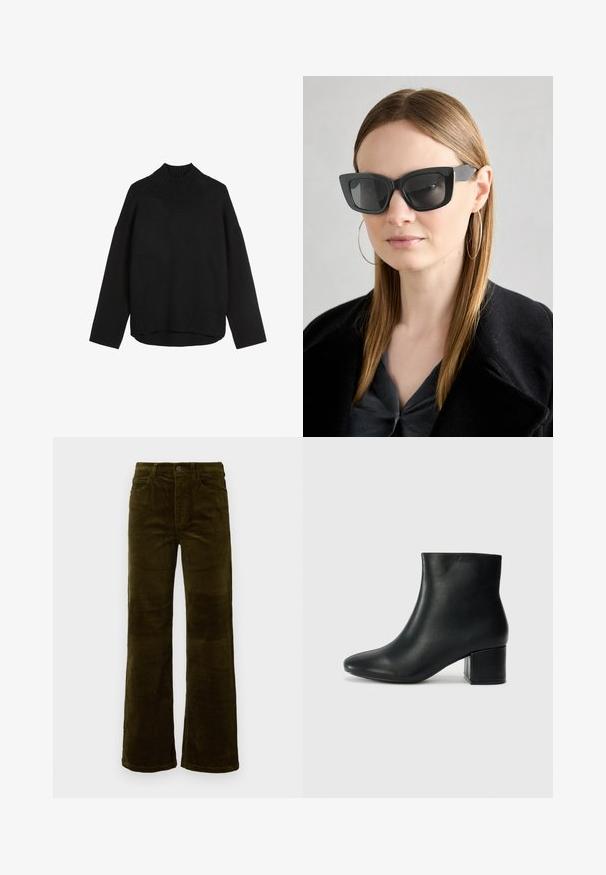 Sort strikket sweater med høj ribkant, afslappet pasform, sænkede skuldre og ribbet kant. Blød tekstur, minimalistisk design.; Fløjel flared bukser i dyb olivengrøn. Har fem lommer, en knaplukning og lodrette ribbede strukturer. Standard pasform med et klassisk design.; Sorte læder ankelstøvler med spids tå og en kraftig hæl. Glat tekstur med minimale detaljer og et slankt, tætsiddende design.; Sorte katteøje solbriller med mørke linser, tykke rammer og subtile detaljer. Båret med en sort frakke og en grå bluse, med langt, glat hår.
