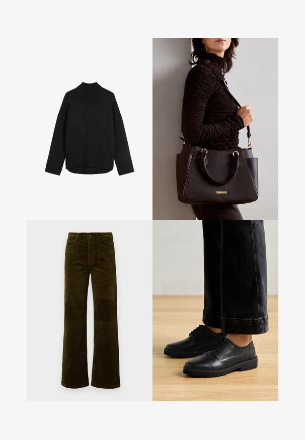 Sort strikket sweater med høj ribkant, afslappet pasform, sænkede skuldre og ribbet kant. Blød tekstur, minimalistisk design.; Fløjel flared bukser i dyb olivengrøn. Har fem lommer, en knaplukning og lodrette ribbede strukturer. Standard pasform med et klassisk design.; Sorte læder snørebåndssko med en glat overflade, rund tå og tyk gummisål, parret med cropped mørke jeans.; Sort håndtaske med struktureret overflade, dobbelt topbærere og justerbar skulderrem. Udstyret med guldfarvet metalhardware og sidelommer.