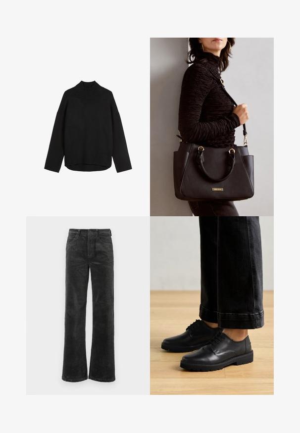 Maglione nero lavorato a maglia con colletto alto a costine, vestibilità rilassata, spalle scese e orlo a costine. Texture morbida, design minimale.; Pantaloni in corduroy neri a gamba larga, con tasche frontali e chiusura a bottone, morbidi al tatto con motivo a coste.; Scarpe in pelle nera stringate con una texture liscia, punta rotonda e suola in gomma spessa, abbinate a jeans scuri cropped.; Borsa nera con superficie texturizzata, manici superiori doppi e tracolla regolabile. Dotata di hardware color oro e tasche laterali.