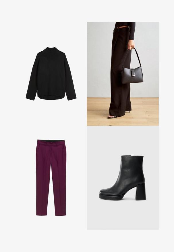 Musta neulepaita, jossa on korkea ribbikaulus, rento istuvuus, roikkuvat olkapäät ja ribbireunus. Pehmeä pinta, minimaalinen muotoilu.; TOM TAILOR MIA SLIM - Chinot - blackberry; Musta nahkasaapas nilkkapituisena, jossa on paksu korko ja alustapohja, nähtynä sivulta yksinkertaisella valkoisella taustalla.; Musta käsilaukku, jossa on rakenteellinen muoto, sileä pinta ja metallinen solki. Yhdistetty leveisiin mustiin housuihin ja avonaiheisiin sandaaleihin puulattialla.