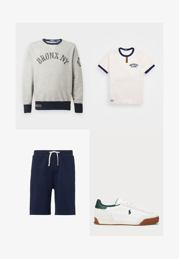 Sweatshirt gris avec le texte "BRONX NY" sur la poitrine, col, poignets et ourlet navy, et un petit patch près de l'ourlet inférieur.; T-shirt en coton blanc avec un col rond bleu marine et des accents sur les manches. Il présente un petit détail en forme de bouton jaune et un brodé "NORTHEAST RL ATHL."; Shorts bleu marine en tissu doux, dotés d'une taille élastique avec cordon de serrage, de poches latérales et d'un design simple et épuré. Texture lisse.; Baskets blanches avec des accents en cuir vert et une semelle en caoutchouc beige. Présente un corps en tissu et un logo bien visible sur le côté. Design à lacets.