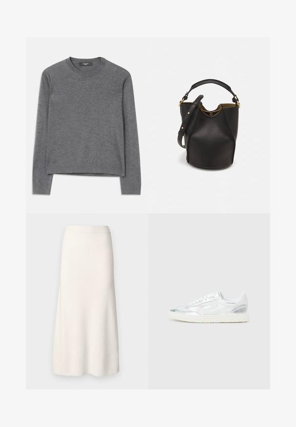 HallGrey pikkade varrukate kootud sviiter pehmest kangast. Omab ümarat kaelust, ribaga mansette ja äärt, vaba lõike ja õmblusteta disaini.; Knee-length, kreemja värviga soonikkoes seelik, millel on vormiv talje ja laienev allosa. Sujuv tekstuur, ühtlane muster ja ilma silmatorkavate kaunistusteta.; Valged tennisjalanõud metallik hõbedaste aktsentidega, sile tekstuur, ümar varvas, tasane põhi ja traditsiooniline paeltega sulgemine.; Mustast nahkämbriga kott tekstuurses viimistluses, kuldsete metalldetailide aktsentidega ja avatud ülaosaga. Omab lühikest käepidet ja reguleeritavat õlavarre rihma.