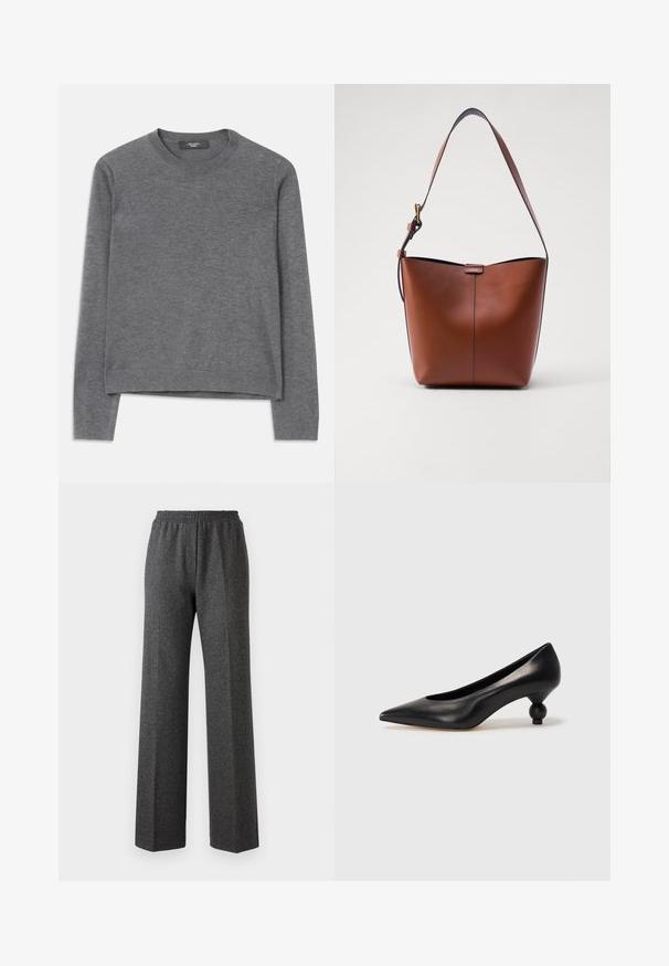 Pull gris à manches longues en tissu tricoté doux. Présente un col rond, des poignets et un ourlet côtelés, avec une coupe décontractée et une construction sans couture.; Pantalons larges texturés gris avec une taille élastique, présentant un motif discret en chevrons. Tissu doux avec une coupe décontractée.; Chaussure à talon haut en cuir noir avec un bout pointu et un talon arrondi. Texture lisse avec un design épuré et minimal.; Sac à épaule en cuir marron avec une forme courbée, texture lisse et une seule sangle fine. Présente une couture subtile et un petit logo.