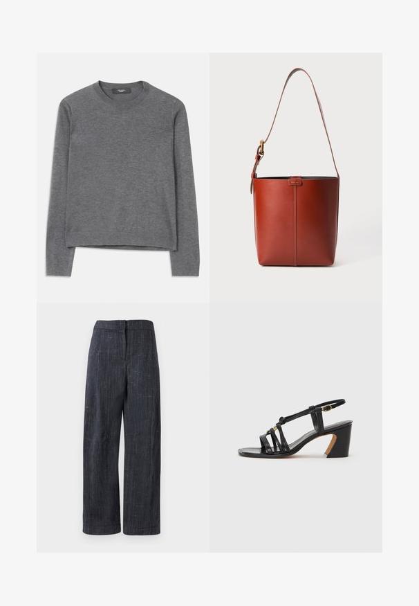 HallGrey pikkade varrukate kootud sviiter pehmest kangast. Omab ümarat kaelust, ribaga mansette ja äärt, vaba lõike ja õmblusteta disaini.; Tumedashalli laiad püksid, millel on peene tekstuuriga koemine, kõrge vöökoht ja peidetud eesmine kinnitus.; Paul Smith AMIRA - Klassikalised kontsakingad - black; Pruun nahast ämbri kott reguleeritava õlavööga ja kuldse määrdega, lihtne vertikaalne õmblusdetail ees.