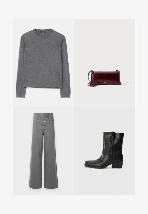 Szary sweter z długim rękawem wykonany z miękkiej dzianiny. Posiada okrągły dekolt, ściągacze przy mankietach i u dołu, luźny krój oraz bezszwową konstrukcję.; Szare spodnie szerokie z wysokim stanem, cztery przednie guziki, szlufki na pasek i kieszenie z przodu, wyeksponowane na białym tle.; Czarne skórzane botki za kostkę z okrągłym noskiem, słupkowym obcasem, bocznym zamkiem i przeszyciami na cholewce. Gładka tekstura, klasyczny design.; Bordowa skórzana torba na ramię o gładkiej fakturze, prostokątnym kształcie, z zapięciem na klapę oraz cienkim, regulowanym paskiem. Widoczny detal z logo w kolorze złotym.