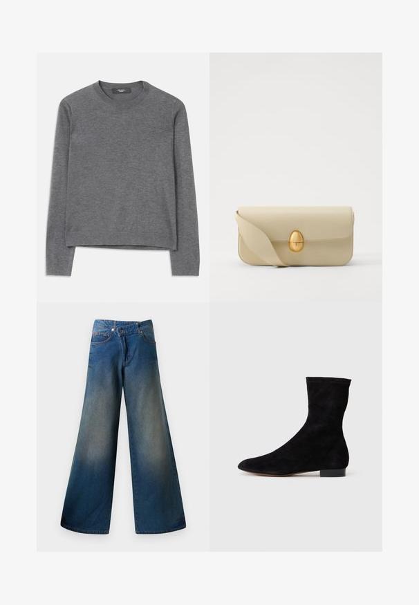 Sweater cinza de mangas longas em tecido de malha suave. Apresenta um decote redondo, punhos e bainha canelados, com um corte relaxado e construção sem emendas.; Jeans de perna larga em azul, feitos de denim, com um acabamento ligeiramente desbotado, costura visível, dois bolsos frontais e fecho com botão.; Bota de tornozelo em camurça preta com cano ajustado, bico fino e salto bloco baixo. Textura suave e design minimalista, adequada para estilos versáteis.; Bolsa de mão em pele bege com uma textura lisa, forma retangular e um fecho oval dourado. Possui uma alça longa e ajustável.