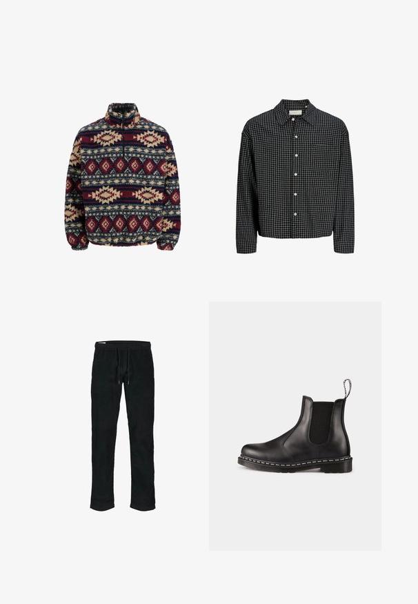 Pull en polaire à demi-zip, arborant des motifs géométriques en marine, bordeaux et beige, avec des poignets élastiques et un col montant.; Chemise à manches longues à carreaux noir et blanc avec col et poche poitrine, présentée sur un fond blanc.; Pantalon en velours côtelé noir avec taille élastique, cordon de serrage réglable, jambes fuselées et texture verticale légèrement nervurée.; Bottines Chelsea en cuir noir avec panneaux élastiques sur les côtés, bout arrondi, languette de tirage, couture blanche sur la semelle et semelle en caoutchouc texturé.