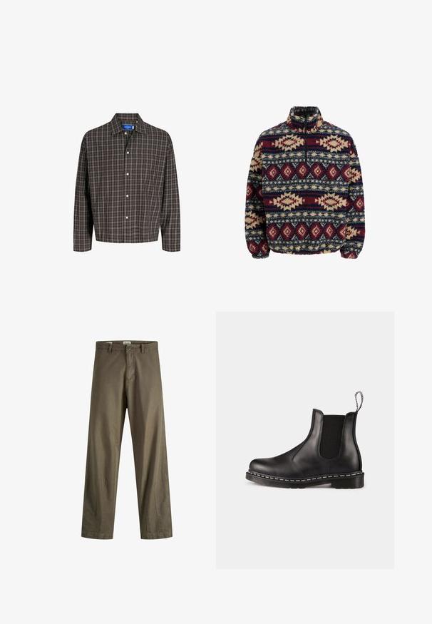 Fleece-Pullover mit halbem Reißverschluss, ausgestattet mit geometrischen Mustern in Marineblau, Kastanienrot und Beige, mit elastischen Bündchen und hohem Kragen.; Braun- und schwarzkariertes Hemd mit Button-Down-Kragen und einer Brusttasche, frontal vor einem weißen Hintergrund präsentiert.; Olivgrüne Baumwollhose mit geradem Schnitt, ausgestattet mit einem Reißverschluss, Knopfverschluss und seitlichen Taschen. Glatte Textur und minimale Details.; Schwarze Leder-Chelsea-Stiefel mit elastischen Seitenpaneelen, abgerundeter Zehenpartie, Ziehschlaufe, weißer Naht an der Sohle und strukturiertem Gummiaußensohle.