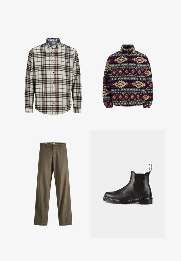 Fleece-Pullover mit halbem Reißverschluss, ausgestattet mit geometrischen Mustern in Marineblau, Kastanienrot und Beige, mit elastischen Bündchen und hohem Kragen.; Karierte Flanellhemden in Creme, Blau und Braun. Lange Ärmel, Knöpfe vorne, klassischer Kragen, mit einer Brusttasche und abgerundetem Saum.; Olivgrüne Baumwollhose mit geradem Schnitt, ausgestattet mit einem Reißverschluss, Knopfverschluss und seitlichen Taschen. Glatte Textur und minimale Details.; Schwarze Leder-Chelsea-Stiefel mit elastischen Seitenpaneelen, abgerundeter Zehenpartie, Ziehschlaufe, weißer Naht an der Sohle und strukturiertem Gummiaußensohle.