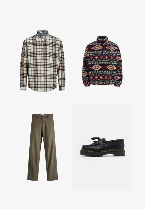 Fleece pullover med half-zip, der har geometriske mønstre i navy, maroon og beige, med elastiske mansjetter og en høj krave.; Rutet flannel skjorte i cream, blå og brun. Lange ærmer, knaplukning foran, standard krave, med en brystlomme og afrundet kant.; Olivegrønne bomuldsbukser med lige ben, med lynlås og knaplukning samt sidelommer. Glat tekstur og minimal detaljering.; Sort læderloafer med en frynsedetalje, der har en kraftig sort sål og gul syninger langs kanten. Teksturert overflade.