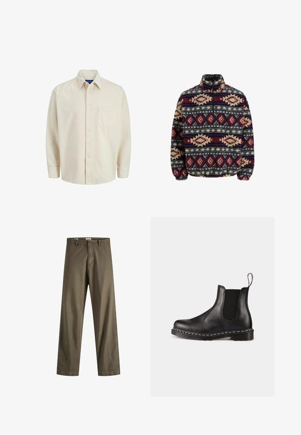 Pullover in pile con zip a metà, caratterizzato da motivi geometrici in blu navy, bordeaux e beige, dotato di polsini elasticizzati e colletto alto.; Camicia in corduroy beige con chiusura a bottoni, colletto, maniche lunghe e una tasca sul petto. Presenta righe verticali sottili.; Pantaloni in cotone verde oliva con gamba dritta, dotati di zip e chiusura a bottone, oltre a tasche laterali. Texture liscia e dettagli minimi.; Stivale Chelsea in pelle nera con pannelli laterali elasticizzati, punta arrotondata, fascia per il richiamo, cuciture bianche sulla suola e suola in gomma texturizzata.