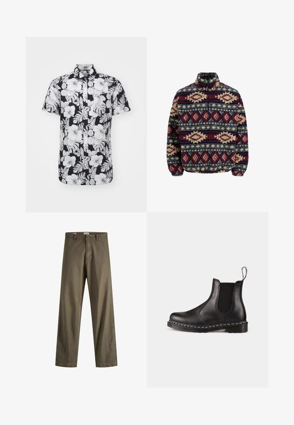 Fleece-Pullover mit halbem Reißverschluss, ausgestattet mit geometrischen Mustern in Marineblau, Kastanienrot und Beige, mit elastischen Bündchen und hohem Kragen.; Kurzarmhemd mit schwarzem Hintergrund und auffälligen weißen Blumen- und Blattmustern, mit Kragen und geradem Saum.; Olivgrüne Baumwollhose mit geradem Schnitt, ausgestattet mit einem Reißverschluss, Knopfverschluss und seitlichen Taschen. Glatte Textur und minimale Details.; Schwarze Leder-Chelsea-Stiefel mit elastischen Seitenpaneelen, abgerundeter Zehenpartie, Ziehschlaufe, weißer Naht an der Sohle und strukturiertem Gummiaußensohle.