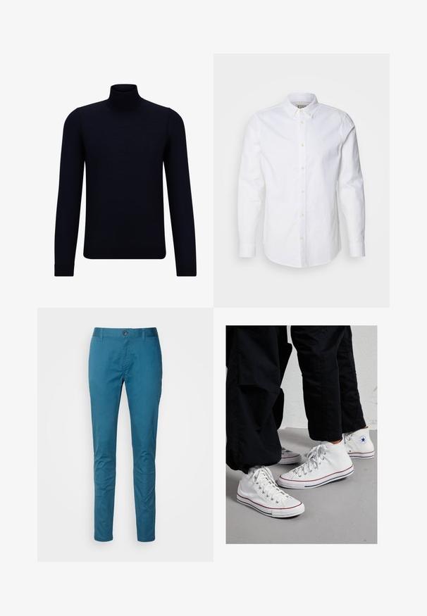 Tmavě modrý rolák vyrobený z jemného pleteného materiálu, s dlouhými rukávy a přiléhavým vysokým límcem. Bez viditelných vzorů nebo akcentů.; Bílá košile s dlouhým rukávem na knoflíky vyrobená z bavlny, s pevně strukturovaným límcem, nenápadnou výšivkou loga a světlými hnědými knoflíky.; Modré bavlněné chinos kalhoty s úzkým střihem, hladkou texturou, předním zapínáním na knoflík a poutky na pásek. Bez viditelných vzorů nebo ozdob.; Bílé plátěné tenisky na vysokém podešvu s gumovou podrážkou, zdobené stříbrnými očky a červenými a námořnickými pruhy podél podrážky.