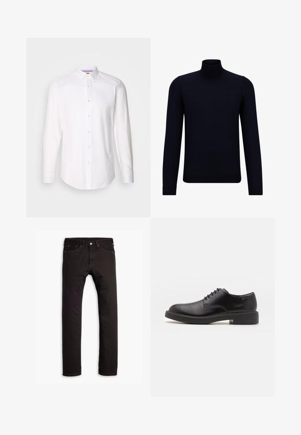 Tumši jūraspina džemperis, izgatavots no smalkas adītas auduma, ar garām piedurknēm un pieguļošu, augstu apkakli. Nav redzamu rakstu vai akcentu.; HUGO KOEY - Formāls krekls - open white; Melni šaurie džinsi ar piecām kabatām un pogu aizdari, izlikti uz balta fona.; Melna āda sašūta kurpe ar noapaļotu purngalu, gludu tekstūru, minimālu šuvju skaitu un zemu gumijas papēdi. Logo uz papēža.