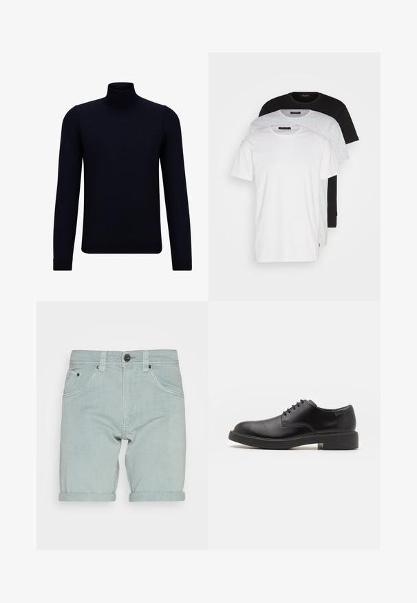 Pull en col roulé bleu marine foncé en tissu finement tricoté, à manches longues et à encolure haute ajustée. Sans motifs ni accents visibles.; Trois t-shirts à col rond en blanc, gris clair et noir. Fabriqués en coton doux, avec des manches courtes et une coupe décontractée.; Shorts en denim bleu clair avec un ourlet roulé, présentant des poches avant et une fermeture à bouton noir unique à la taille. Texture lisse.; Chaussure noire en cuir à lacets avec un embout arrondi, texture lisse, piqures minimales et un petit talon en caoutchouc. Logo sur le talon.
