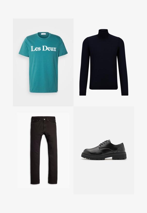 Pullover de gola alta em azul-marinho escuro, feito de um tecido de malha fina, com mangas longas e um decote alto justo. Sem padrões ou detalhes visíveis.; T-shirt de algodão em azul-petróleo com decote em crew, apresentando "Les Deux" impresso em grandes letras brancas no peito. Mangas curtas e corte reto.; Jean slim preto com cinco bolsos e fecho de botão, exibido de forma plana sobre um fundo branco.; Sapatos de couro pretos com bico arredondado, design de atacador e sola de borracha espessa e texturizada. Apresenta costuras ao longo da borda e um acabamento liso.