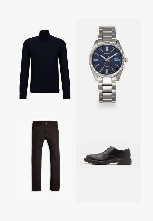 Maglione a collo alto di colore blu navy scuro, realizzato in tessuto a maglia fine, con maniche lunghe e un collo alto attillato. Nessun motivo o dettaglio visibile.; Jeans neri slim-fit con cinque tasche e chiusura con bottone, mostrati distesi su uno sfondo bianco.; Scarpa nera in pelle con lacci, punta tonda, texture liscia, cuciture minime e tacco in gomma basso. Logo sul tacco.; Orologio da polso in acciaio inossidabile argento con quadrante blu navy, indici metallici e finestra della data alle 3. Resistente all'acqua fino a 50 metri.