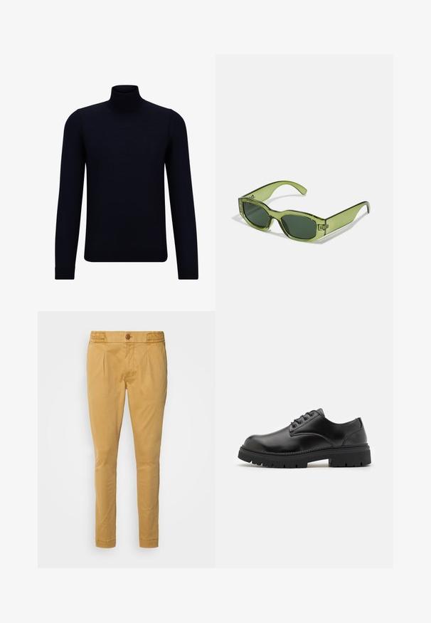 Pull en col roulé bleu marine foncé en tissu finement tricoté, à manches longues et à encolure haute ajustée. Sans motifs ni accents visibles.; Pantalons en coton beige avec fermeture à bouton, texture lisse, jambes fuselées et plis devant. Conçus pour une silhouette ajustée.; Chaussures en cuir noir avec un bout rond, un laçage et une semelle en caoutchouc épaisse et texturée. Présente des coutures le long du bord et une finition lisse.; Lunettes de soleil vertes translucides avec une monture rectangulaire, verres vert foncé et un accent logo sur le côté. Texture lisse et design moderne.